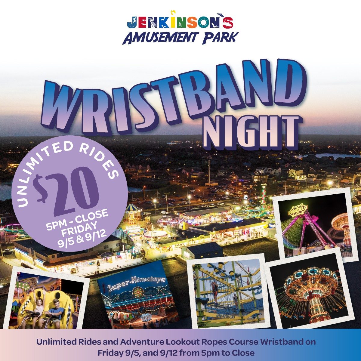 A promotion for Jenkinson's Boardwalk's $20 Wristband Nights scheduled for Friday 9/5 and 9/12 from 5pm-close.