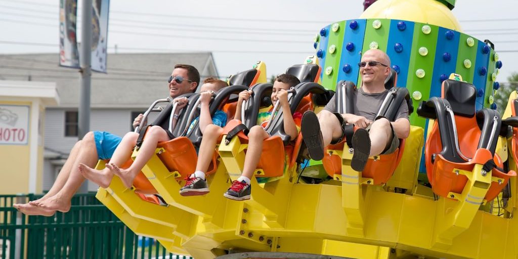 Jenkinson's Boardwalk Pendolo Ride. Swings in a pendulum motion while rotating in a circular motion.